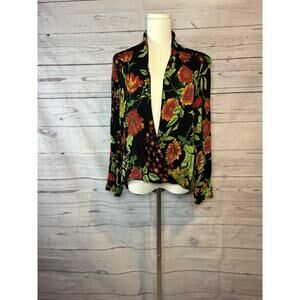 Zara TRF Collection Faux Wrap Floral Blouse V-Neck Crossover Black Green Red L